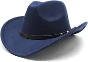 [Hcclijo] Unisex Vintage Western Cowboy Cowgirl Felt Hat Punk Belt Winter Panama Imitation Wool Jazz Cap