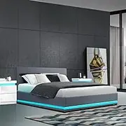 Artiss Queen Bed Frame Platform Headboard RGB LED Gas Lift Beds Base with Storage Space Frames Bedroom Room Decor Home Furniture, Upholstered with Grey PVC Leather + Foam + Wood