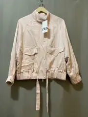 NWT ZARA Women Collared Elastic Cuff/Hem Full Zip Sateen Bomber Jacket SZ S Pink