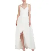 BCBGMAXAZRIA Womens White Hi-Low Feather Halter Evening Dress 4 BHFO 6954