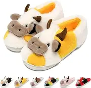[soofylia] Cartoon Cow Slippers for Women Girls Cotton Animal Fuzzy Slippers Slip-On Cute Fluffy Cow Slides Boys Mens Warm Plush House Slippers for Winter