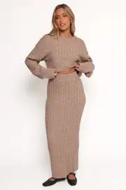 [PUP4] Reid Cable Knit Skirt Set - Taupe S taupe