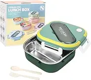 TOWEBOORY Removable Stainless Steel Lunch Box, Bento Box with Cutlery, Large Metal Bento Container with 3 Compartment,3 in 1 Portable Bento for School Office, Food Warmer (Green)