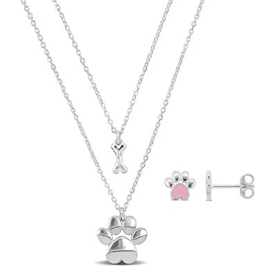 Amour Silver White Paw Stud Earring, Strand Paw & Bone Charm Necklace Set