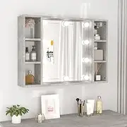 Mirrored Bathroom Cabinet with LED Lights, Engineered Wood Construction, Concrete Grey, 76x15x55 cm, Wall-Mounted Vanity Storage