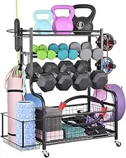 Dumbbell Rack, Weight Rack for Home Gym with Multi-Direction Wheels and Hooks, All in One Workout Storage, Weight Storage Rack for Dumbbells, Kettlebells, Yoga Mats, Yoga Blocks
