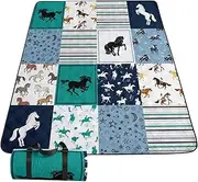 Smell Sunshine Outdoor Picnic Blanket,Portable Sandproof Waterproof Picnic Mat,Checkerboard Horses Printed Camping Beach Mat for Sand and Wet Grass Hiking (Checkerboard Horses S)