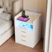 Advwin Set of 2 Bedside Table RGB LED 3 Drawers Nightstand Side Table with Charging Station White