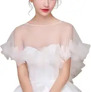 [HEYDHSDC] Womens Wedding Cape Sheer Tulle Ruffles Trim Bridal Ladies Pullover Crew Neck Shrug Wrap for Dress Cover Up