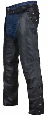 Black Motorcycle Leather Chaps Men Women Biker Riding w/ Zip Out Liner, Size 7XL