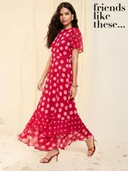 Friends Like These Pink Spot Short Sleeve Chiffon Tiered Maxi Dress (F47915) | $136