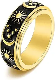[nylry] Titanium Stainless Fidget Ring 8mm Moon Star Sun Spinner Rings Silver Gold Black Stress Relieving Anxiety Ring Wide Carved Worry Band for Women Men Teens Size 5-12