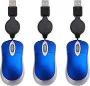 3-Pack Wired Optical Mouse, USB, Blue, Portable, Retractable Cord, 1600 DPI, 3 Buttons, Compatible with Laptop & PC