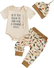 [Barbotimer] Baby Boy Fishing Clothes Retro Bodysuit Tackle Box Lures Fish Pants Hat Cute 3Pcs Newborn Coming Home Outfit Summer