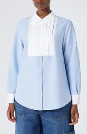 Marina Rinaldi Ulrico Metallic Cotton Tuxedo Shirt in Light Blue at Nordstrom, Size 14W