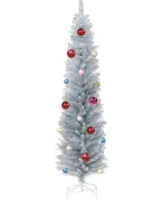 Wellwood 6 ft Silver Tinsel Pencil Christmas Tree with 24ct Ornament Set & Metal