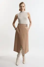 Compact Stretch Wrap Over Belted Tailored Maxi Skirt