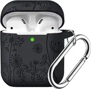 WJK Flower Print Engraved for AirPods Case Cover, Stylish Soft Silicone Protector with Keychain Compatible with Apple AirPods 1st/2nd Generation Charging Case, Black