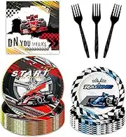 Race Car Birthday Party Decorations - Checked Race Car Theme Plates and Napkins Party Supplies Racing Sports Disposable Tableware Set Serve 24 Guests