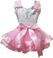 [Petitebella] Girls' 1St Birthday Dress White Shirt Dot Ribbon Petal Skirt Set Nb-2Y