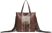 [Poneha] Large Tote Bags for Women Snake Printed Chic Faux Leather Large Top Stylish Fringe Tassel Handle Handbags Ladies Hobo Purse with Pockets Zipper PU Leather Crossbody (brown), Cow Black