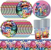 61Pcs Kids Birthday Party Tableware Set, Out Party Decorations, Animated Inside Party Supplies, Includes Paper Plates Paper Napkins Paper Cups Tablecloth (20 People)