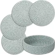 Trivets for Hot Dishes, Trivets for Hot Pots and Pans, Cotton Coasters 4 Pcs and Storage Basket 1 Pack, Pot Holders for Kitchen, Hot Pads for Table, Hot Mats Protect Countertops (Green 4 Pcs)