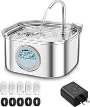 Cat Water Fountain Stainless Steel, 3.2L/108oz Pet Water Fountain for Cats Inside with Water Level Window, Ultra-Quiet Pump Pet Water Dispenser with Five Filters for Cats,Dogs, Pets, Dishwasher Safe