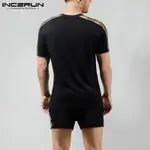 INCERUN 男士夏季透明蕾絲花紋透視短袖上衣+短褲休閒套裝