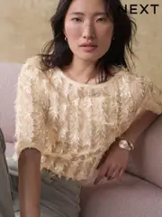 Cream Sequin Sheer Fluffy Quarter Sleeve Top (B14988) | $66