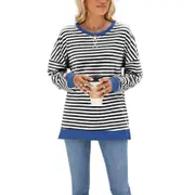 Stripe Side Split Loose Casual Design Neck Jumper - Black with White