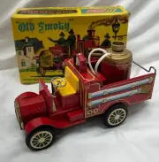 1950s Japan Cragstan Tin Friction Powered Old Smoky Firetruck W/ Original Box