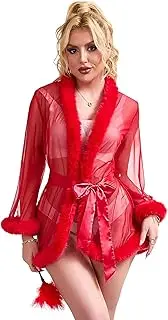 [sunshinelady] Women's Sheer Robes See Through Lingerie Feather Trim Ladies Dressing Gowns Sexy Nightwear Mesh Chemise Kimono Robe Satin Belt Cover Up Sleepwear Plus Size Lingerie UK 8-22