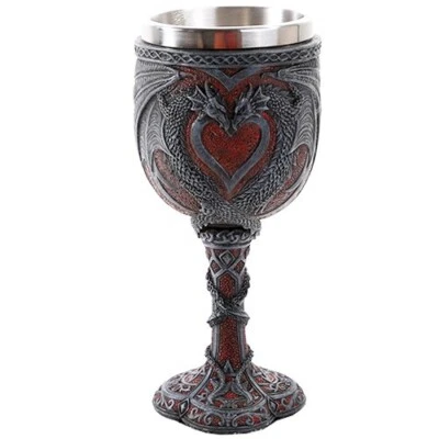 Stunning Hand Painted Double Dragon Heart Love Goblet Wine Cup 7 inch