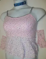 Dance Costume Stretch Lace Camisole Top & choker & Mitts Sequin Strap pink