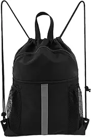 ZLHETWT Drawstring Backpack Bag, Drawstring Gym Bag, Gym sports totes with Shoe Compartment Large Capacity Black Pull String Sport Adjustable Sport Sackpack for Sports, Black, Reflective Strip