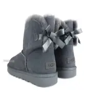 UGG Mini Bailey Bow II Grey Suede Fur Boots Womens Size 9 -NIB-