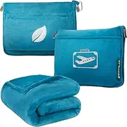 PAVILIA Travel Blanket Pillow in Soft Bag with Pockets, Airplane Blanket Set, Plane Blanket Compact Packable, Flight Essentials Car Pillow, Travelers Accessories Gifts, Luggage Strap, Turquoise