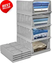 4-Pack Folding Wardrobe Storage Boxes, Stackable Plastic Drawer Organizers