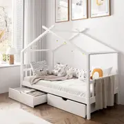 Oikiture Bed Frame Wooden Single Timber House Frame Storage Drawers White