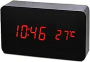 ThreeH Desk Wooden Alarm Clock Digital Voice Controland 3 Set of Alarm Large Display Time Temperature Date USB or Battery Powered for Home Kids Bedroom Office AC11 Black_Red