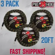 3-PACK Pig hog PCH20RAR 20ft 1/4in Right to 1/4in Straight Cable - Rasta Stripes