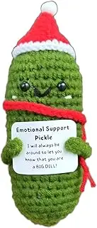 Emotional Support Pickle, Handmade Emotional Support Pickled Cucumber with Christmas Cap,Cute Wool Inspirational Pickle with Positive Card Crochet Plush for New Year Christmas