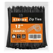 12 Inch Black Zip Ties (2000 Pack), 45 LBS Tensile Strength, Self-Locking Nyl...