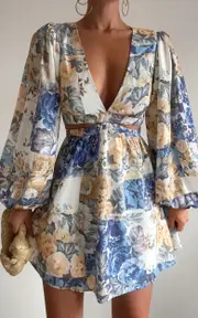 Emily Mini Dress - V Neck Long Sleeve Cut Out Dress in Patchwork Floral