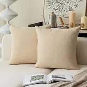 Kevin Textile Textural Faux Linen Throw Pillow Covers Shams for Couch, Farmhouse Cushion Case Invisible Zipper, 18 x 18-Inch (2 Pcs, Cream Beige)