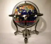 Unique Art 13" Tall Blue Ocean Table Top Gemstone World Globe Tripod Leg Silver