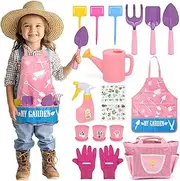 CUTE STONE Kids Gardening Tools Set, Garden Toys with Metal Rake, Shovel, Trowel, Watering Can, Gloves, Tote Bag, DIY Sticks, Spring Summer Outdoor Indoor Toys for Toddler Boy Girl