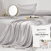 PROMEED 100% Pure Mulberry Silk Sheets Queen Set 4PCS, 23 Momme Grade 6A+ Silk Bed Sheets Set with Flat Sheet, Fitted Sheet and Zippered Pillowcases (Light Grey, Queen)