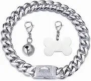 RUMYPET Silver Dog Chain Collar Cuban Link Chain Collar with Cubic Zirconia Buckle, Dog ID Tag and Bell 15mm/19mm Strong Heavy Metal Stainless Steel Choke Dog Collar 10-26inch(19mm,22inch)